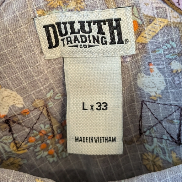 Duluth Trading Co Heirloom Gardening Overalls Fall Orchard Chicken Print Large - Picture 8 of 11